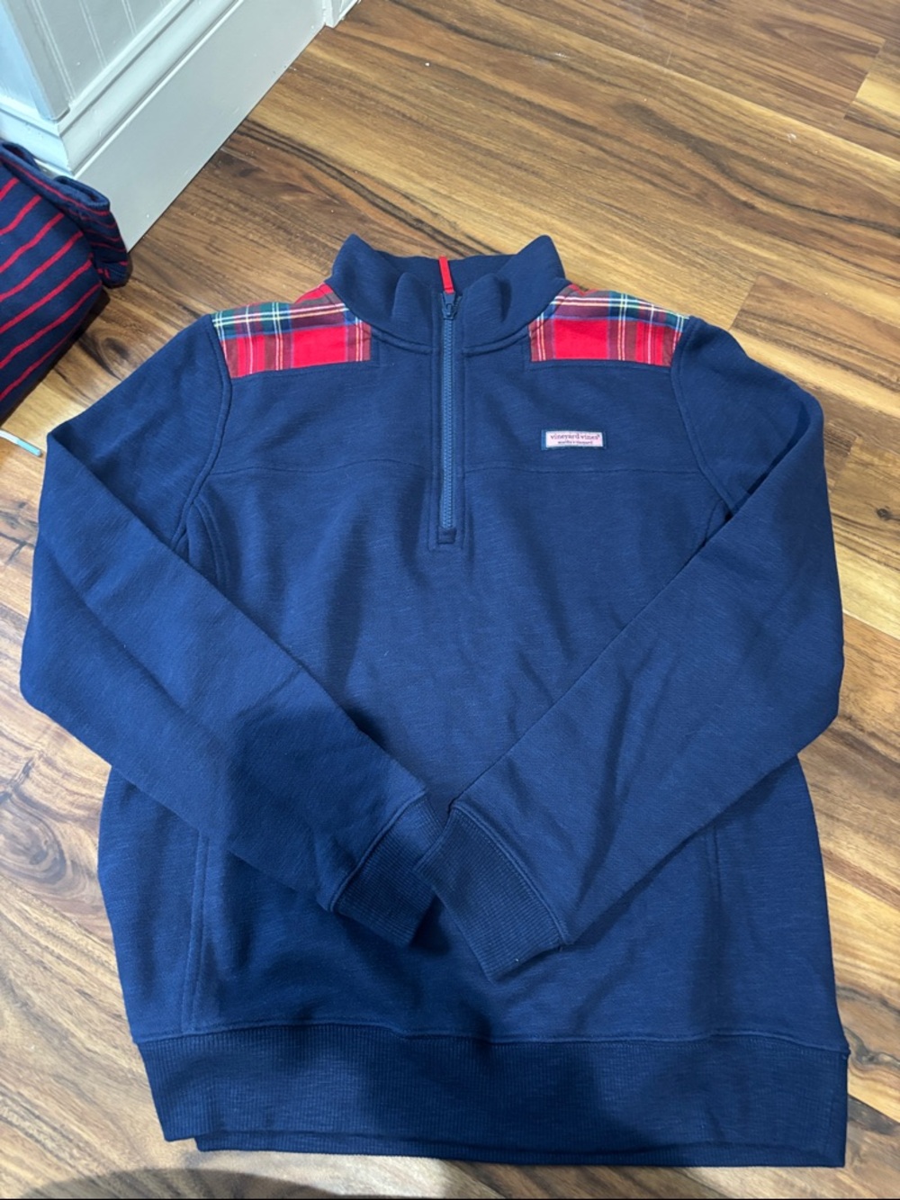 Vineyard Vines Navy Quarter-Zip Pullover with Red Plaid Shoulder Tabs